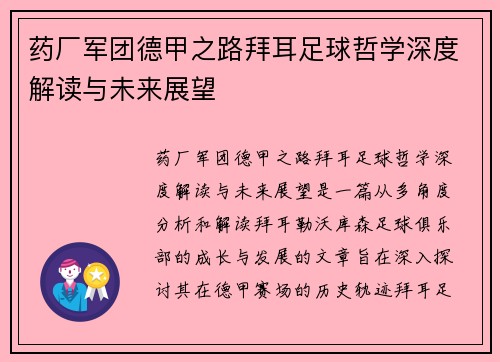 药厂军团德甲之路拜耳足球哲学深度解读与未来展望